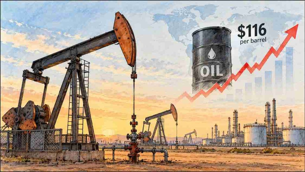 Colored sketch illustration of oil pumpjacks and a refinery as crude oil prices surge above $116 per barrel amid Middle East supply concerns.